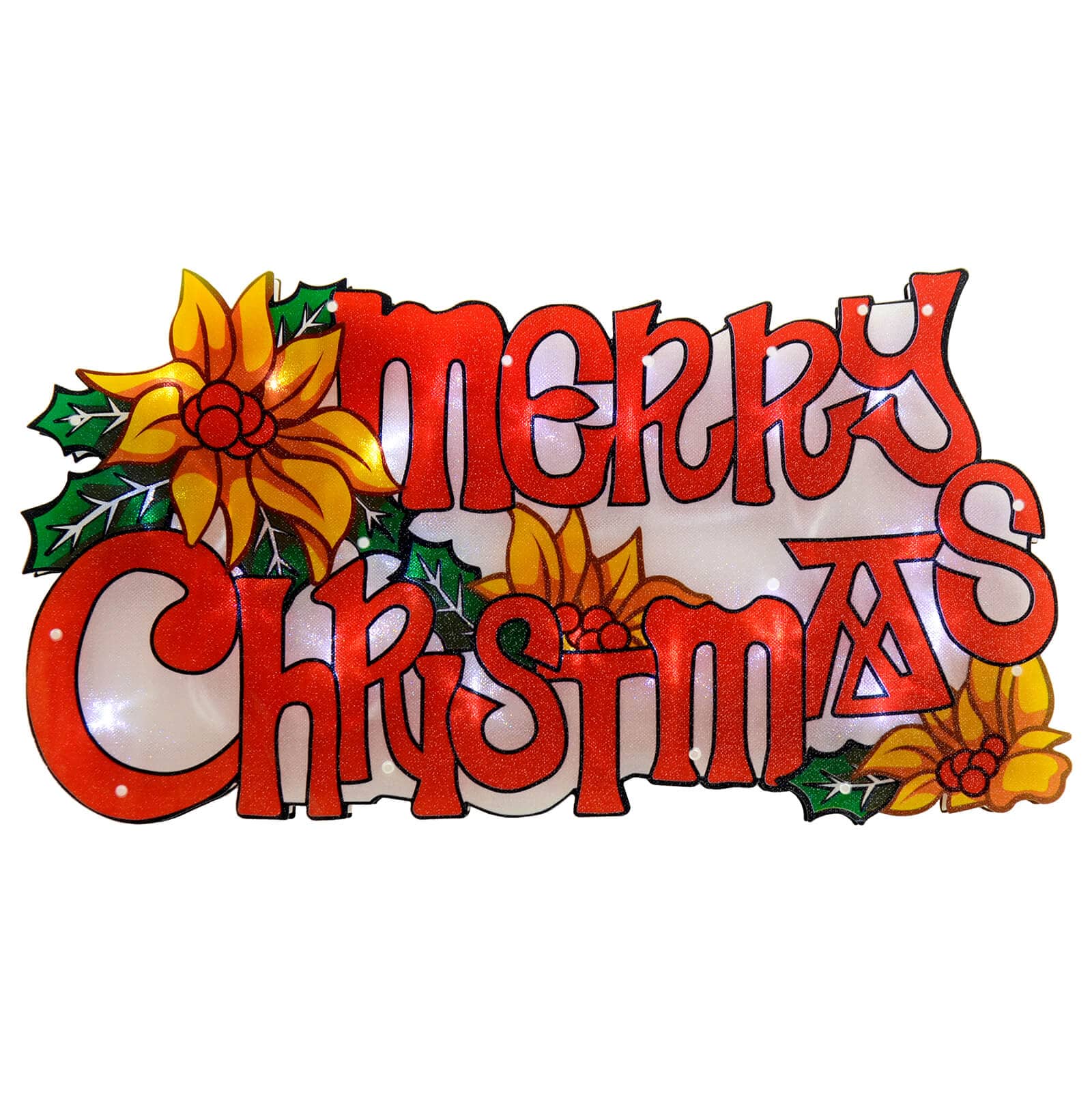 Light up Merry Christmas window silhouette hanging decoration with red letters and festive flowers